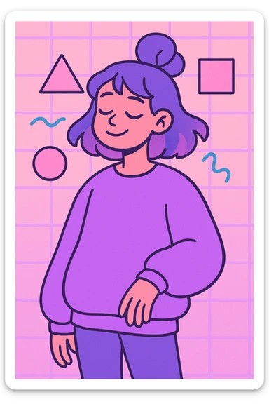 vaporwave chill girl, oversized sweater, geometric shapes, purple and pink tones, relaxed expression sticker