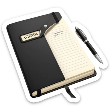 A classic black Moleskine notebook open to show a page with 'AGENDA' written at the top and meeting items listed below with bullet points sticker