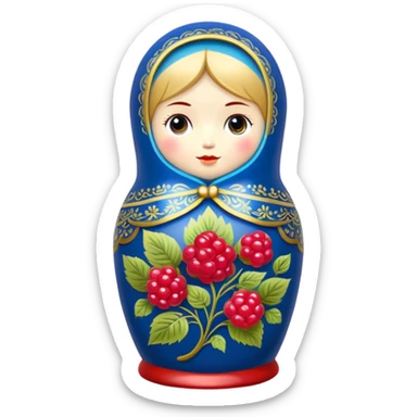 blue khokhloma-painted matryoshka doll with raspberries inside sticker