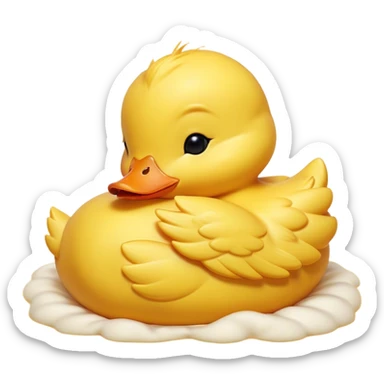 Meme-Worthy Cute Sleeping Yellow Baby Duck Portrait Emoji, Head resting peacefully with a contented smile, showcasing a delightfully tiny build and a luxuriously soft bright yellow downy coat, eyes shut in a serene, restful nap, Simplified yet hilariously adorable features, highly detailed, glowing with a soft, drowsy light, high shine, relaxed and utterly lovable, stylized with an air of playful laziness, bright and heartwarming, soft glowing outline, capturing the essence of a comically sleepy duckling, so meme-worthy it feels like it could instantly become the next viral sensation of adorable slumber! sticker
