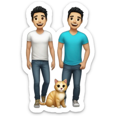 Gay couple, 1 guy Latino black hair and 1 Australian guy blonde hair with a cat laughing full body sticker