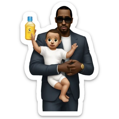 P-diddy carry a baby in his arm and hold a baby oil in his other arm sticker