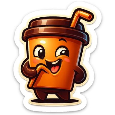 Tall coffee cup, amused, giggling, mischievous, drinking coffee with straw, looking sideways sticker