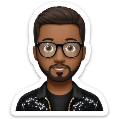 Nathan Morris (b.1971) from Boyz II Men with dark brown hair and short beard, black sequin outfit, glasses sticker