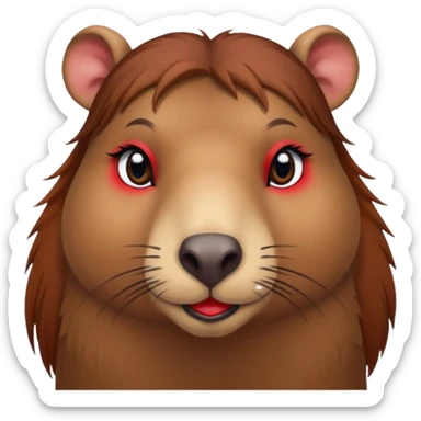 capybara with faka eye lashes and make up on - bright lipstick and eye make up - long brown hair

 sticker