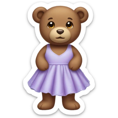 Little brown teddy bear wearing a light purple dress that is feet length and has super light blue sea stars on it sticker