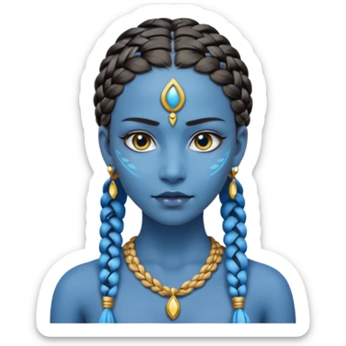 Draw a Na’vi female with glowing blue skin, white forehead markings, braided hair, gold earrings & a calm gaze. sticker
