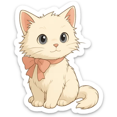 Remove the background, keep only the cute fluffy white kitten with a light pink bow in ghibli style with transparent background. sticker