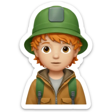 A little boy student curly orange hair, with green bucket hat, brown jacket, backpack sticker