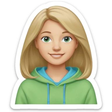 A woman with light skin, longer shoulder-length dark blonde hair, blue eyes, smiling face, wearing a pastel green hoodie. The emoji should be in Apple-style, minimalistic, colorful, and round-faced. Show only the face or bust (not full body). sticker