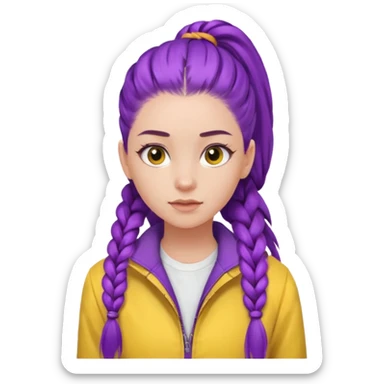 a beautiful girl face, long purple high pony single braided hair from the forehead, wearing a white shirt and a yellow jacket sticker