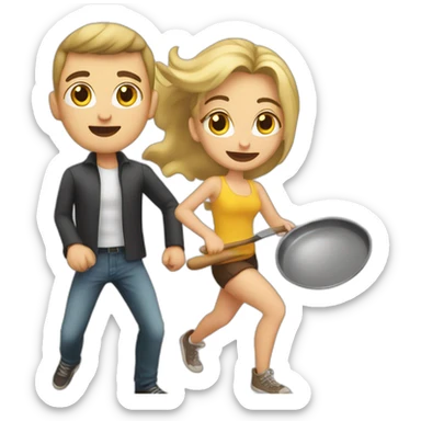Blonde girl with a pan chasing brunette guy sticker