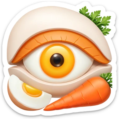 Carrot, chicken, and egg yolk surrounding a simple eye symbol and a small patch of glowing healthy skin. Gentle rays connect the foods to the eye and skin, showing vitamin A's role in vision and skin health. sticker