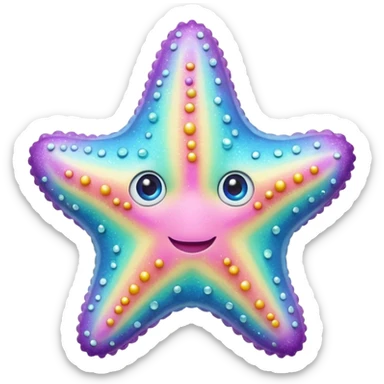 sea star, pastel rainbow, sugar-coated texture, sparkling effect, adorable face, 3D sticker