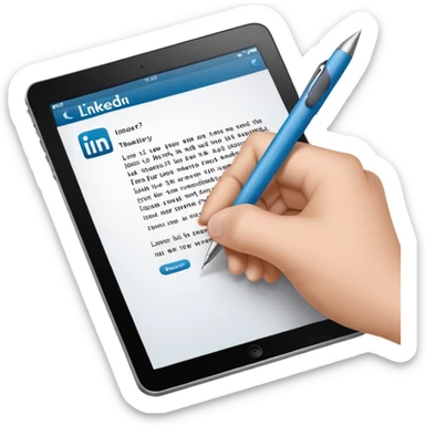 A hand writing a paper with the LinkedIn logo on it sticker