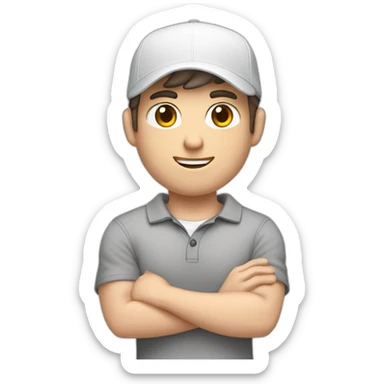 Pale skinned fit Man with dark brown hair in a white cap, gray jeans and gray polo T-shirt keeping a pasted with tape box into his hands sticker