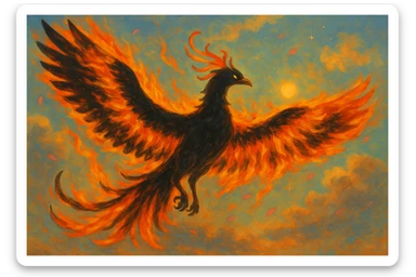 Transform this Ghibli-style phoenix into a dark phoenix: make the bird's body black, with shining, vivid flames in orange, red, and yellow. Preserve the painterly look and keep the background as is. sticker