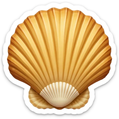 A madeleine pastry. Scalloped seashell shape with four to five vertical lines going in the same direction. Light golden brown. Scalloped edge. Cookie. Flat. Long. sticker