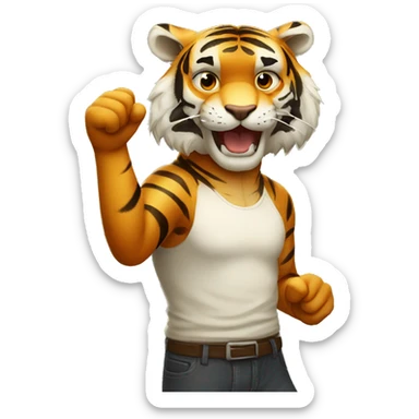 a tiger standing in a human pose with its finger upwards giving the ok sign sticker