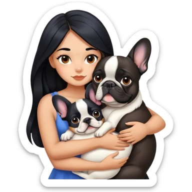 A beautiful girl with long black hair hugs a French bulldog sticker