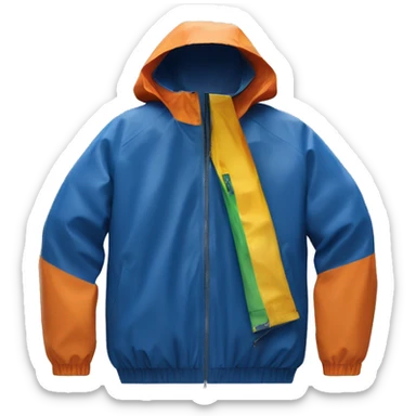 A blue K-way waterproof jacket with a colorful central zip in white, dark blue, orange and yellow (just the zip) under the rain sticker