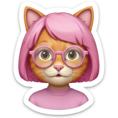 Orange Yellow cat wearing pink bob hair wig, circle glasses sticker