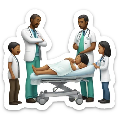 a woman gives birth and doctors stand nearby sticker