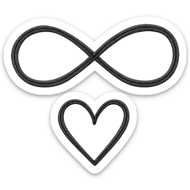 hand-drawn pink infinity symbol with bold outlines, stylized shadows and highlights, with a simple heart below the infinity symbol sticker