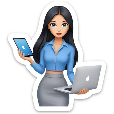 Glamours tanned very beautiful girl with pump peach nude lips and black straight smooth long hair, blue-grey eyes in beautiful clothing stading with MacBook sticker