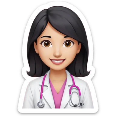 A indian female doctor with black hair , doe eyes smiling a little , wearing white lab coat over dark pink scrubs and properly drawn stethoscope  sticker