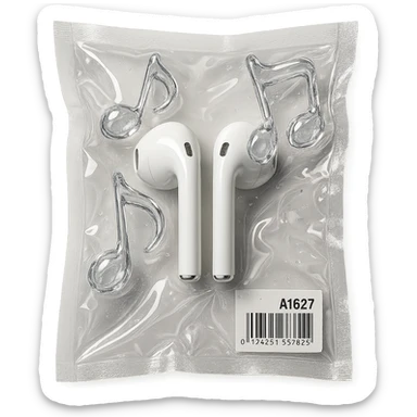 pair of white EarPods with three floating glass music notes in transparent crystal style, shiny and puffy sticker