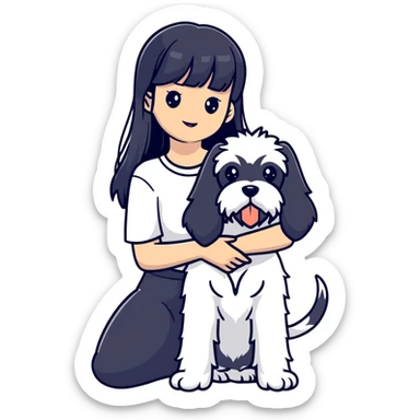 Girl with long black hair and bangs holding a white schnauzer dog sticker
