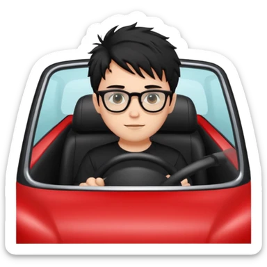 generate a pretty bratz fair skinned boy with black messy hair wearing a black tshirt driving a red car. Glasses on.  sticker