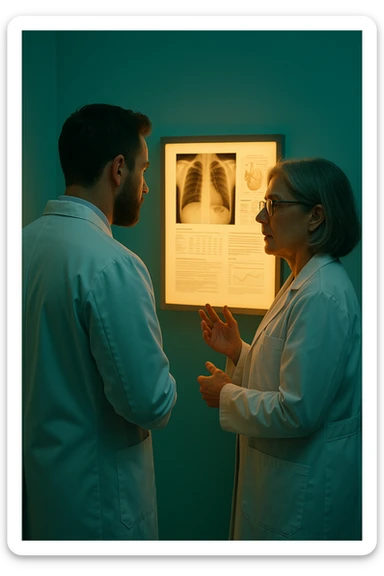 Realistic, detailed photo taken from behind of two doctors—a bearded man and a middle-aged woman—standing and facing each other as they discuss a diagnosis in front of a medical chart. The scene is illuminated by a yellowish, orange, warm light that softly envelops the doctors. The entire room is bathed in a single green-blue color, creating a cohesive and modern atmosphere. Both doctors wear white coats, and their body language suggests a serious, professional conversation. Shot with a Canon EOS R5, with high detail and natural depth of field. sticker