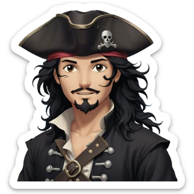 A charismatic pirate with wavy black hair that falls just past his shoulders, tousled slightly by the sea breeze. He wears a black tricorn hat with subtle silver embroidery along the edges, casting a shadow over his sharp, confident features. His piercing dark eyes glint with mischief as he gazes to the side, a knowing smile playing at his lips. His well-fitted black coat, adorned with polished silver buttons and intricate stitching, moves slightly with the wind, revealing glimpses of a deep-crimson waistcoat underneath. A silver chain dangles from his belt, catching the dim golden light of the setting sun. His posture is relaxed yet assured, exuding effortless charm as if he owns the sea itself. sticker