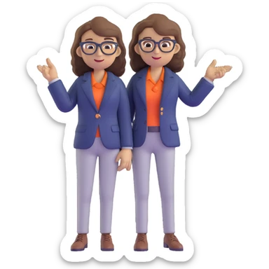 Economics professional mascot character with shoulder-length wavy brown hair, stylish glasses, navy blazer, pointing at economic symbols, full body view sticker