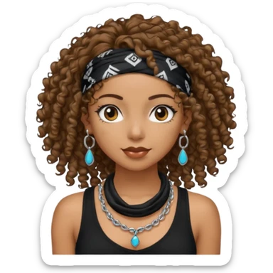 Baddie girl with black  tank top curly hairss and bandana and jwellery sticker