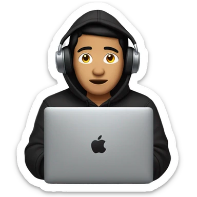 A Filipino Guy wear a black hoodie and ear pods with a Mac Book laptop in front of his face. sticker