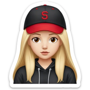 White girl with long straight blonde hair with a middle part wearing a black baggy hoodie with a red baseball cap on. Make hoodie black with no strings on it  sticker