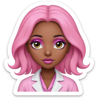 Black girl with long  hair is a scientist with pink lab coat and long eyelashes and has makeup on with short eyes sticker