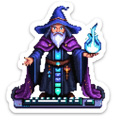powerful wizard coding on a glowing magical keyboard, no laptop, mystical aura surrounding him, confident expression, looks like the ultimate boss of coding, wearing impressive dark robe sticker