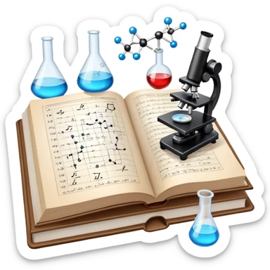 Icon for Scientific and Educational Reading: an open book with mathematical and physical formulas on the pages, with molecules and atoms flying out. On the desk are test tubes, flasks, and a microscope. Transparent background. sticker