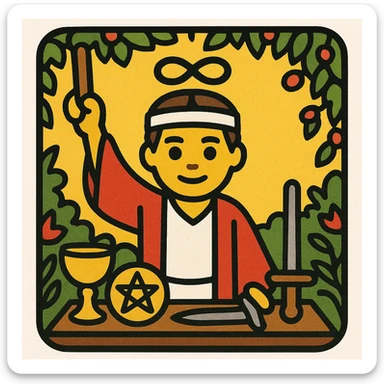 The Magician tarot card as an emoji, Rider Waite Smith style, with a confident magician, infinity symbol above his head, traditional tarot card colors and details sticker
