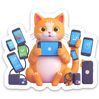 IT cat holding a smartphone surrounded by tech gadgets, friendly expression sticker