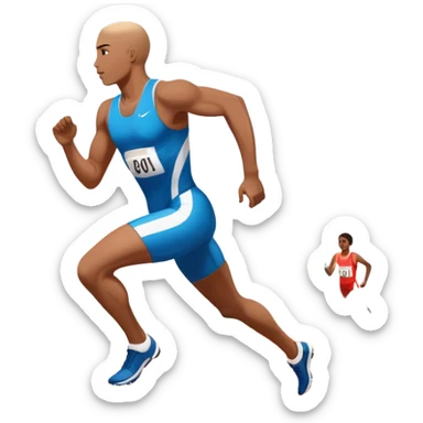 An icon symbolizing The background features a large stadium with cheering crowds, a digital timer, and a clear blue sky. professional running: a dynamic sprinting athlete in motion on a track, leaving motion lines behind. Transparent background emphasizes speed, endurance, and competition. sticker