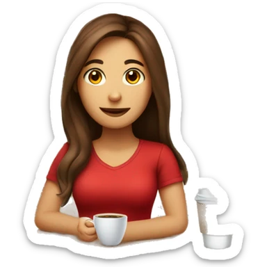 barista girl in a red t-shirt with long brown hair, with a cup of coffee in a hand sticker