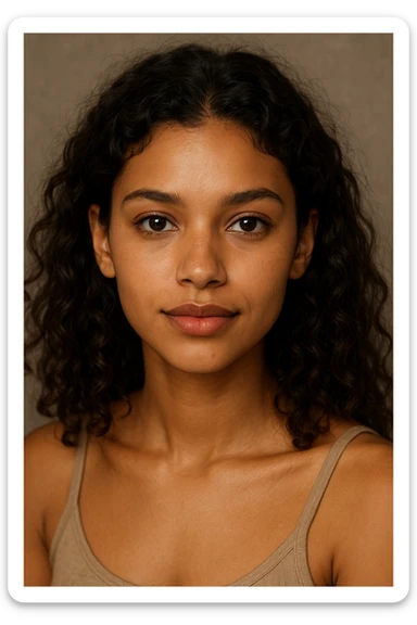 pretty girl with tan skin, dark medium-length brown curly hair, dark brown eyes, thin eyebrows, medium-sized full lips with a heart-shaped cupid's bow sticker