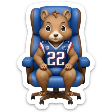 gaming chair with a squirrel sitting on it wearing patriots jersy sticker