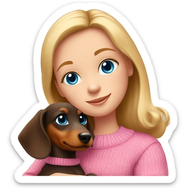 A girl with blue eyes in a pink sweater hugs a dachshund puppy sticker