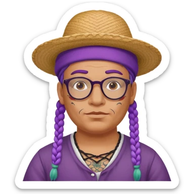 tattoed face, normal glassess, fat venice gondolier with iconic hat and purple braided hair sticker